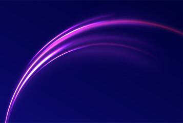 Light arc in neon colors, in the form of a turn and a zigzag. Creative vector illustration of flying cosmic meteor, planetoid, comet, fireball isolated on transparent background.