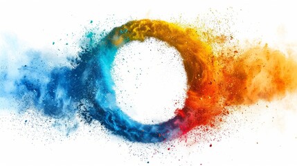 Colorful swirl of powdered pigments creating a vibrant circle on white background