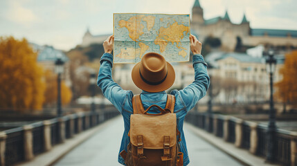 A traveler with a backpack and hat holds up a map while exploring a picturesque European city, symbolizing adventure and discovery during a journey.