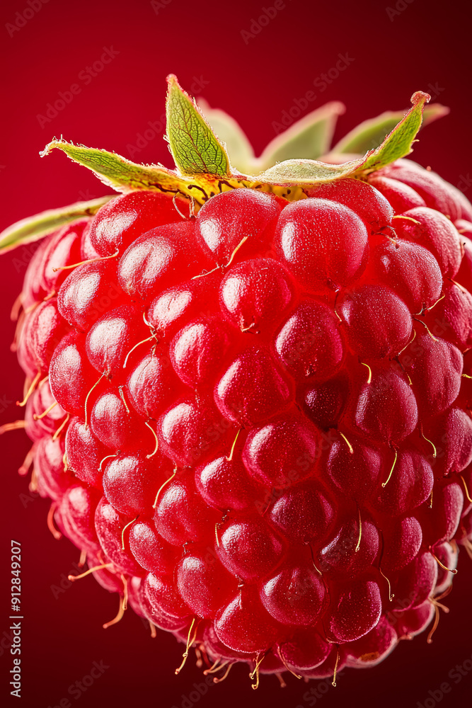 Poster detailed shot of a raspberry showcasing the deep red color and delicate drupelet structure