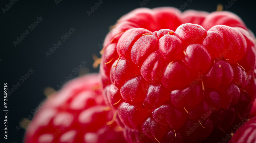 Poster detailed shot of a raspberry showcasing the deep red color and delicate drupelet structure