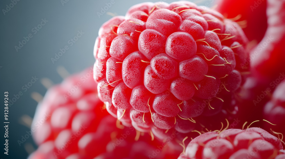 Poster detailed shot of a raspberry showcasing the deep red color and delicate drupelet structure