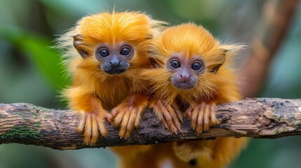 Fototapeta premium Two golden lion tamarin monkeys resting on a branch in dense jungle