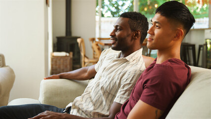 Same Sex Male Couple or Friends Relaxing on Couch in Cozy Living Room During Afternoon