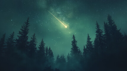 Fototapeta premium Shooting stars and a meteor shower grace a starry night sky above a tranquil landscape, enhancing the peaceful beauty of the scene. 