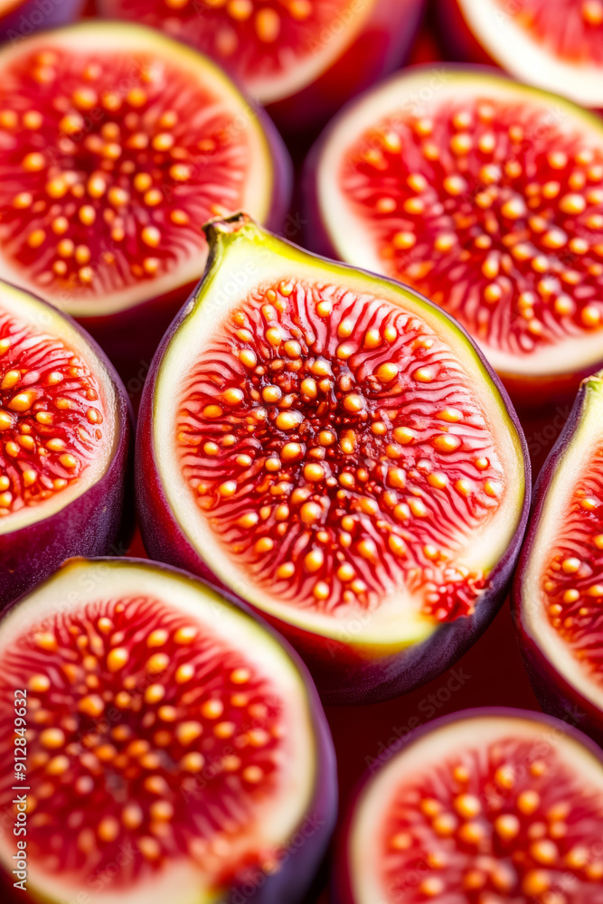 Poster macro background of the inside of a ripe fig displaying vibrant red and yellow seeds with intricate 