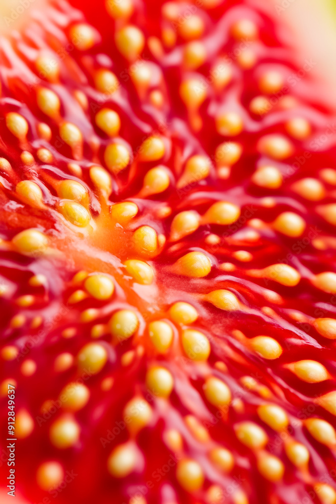 Poster macro background of the inside of a ripe fig displaying vibrant red and yellow seeds with intricate 