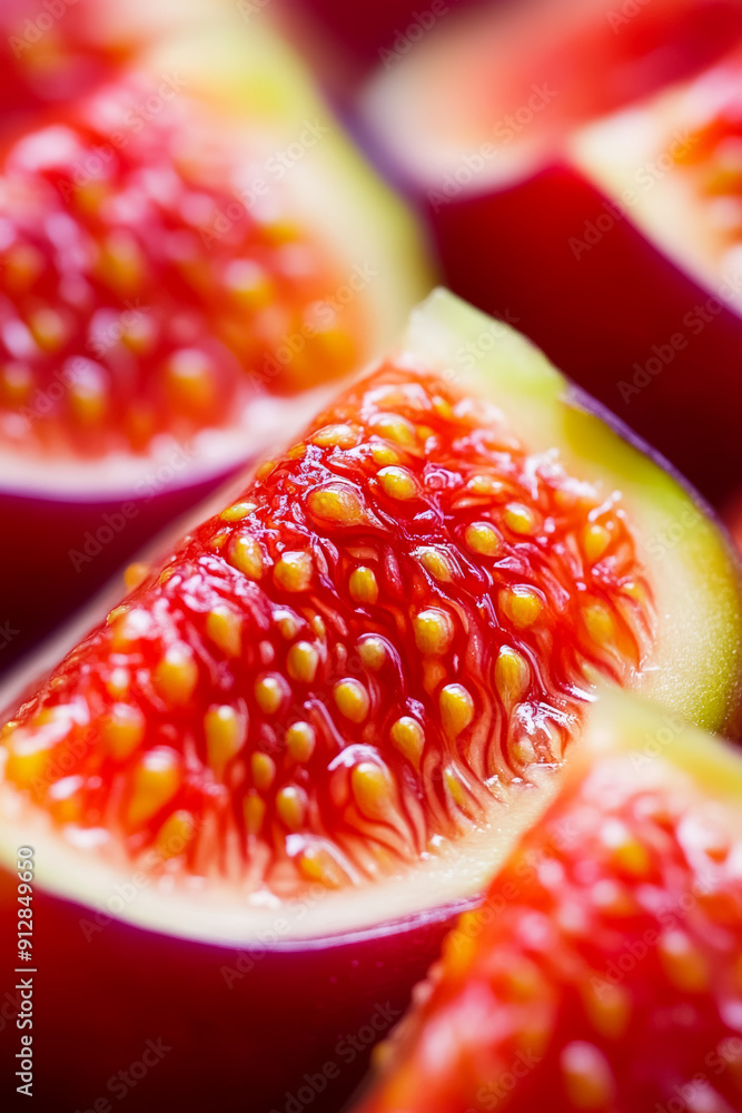 Poster macro background of the inside of a ripe fig displaying vibrant red and yellow seeds with intricate 