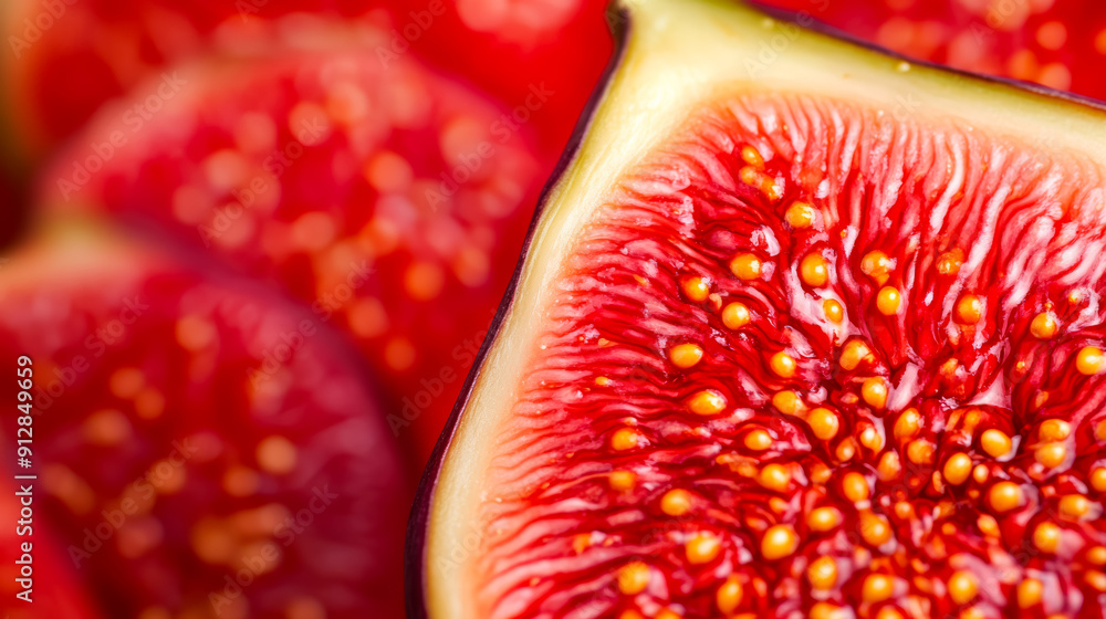 Poster macro background of the inside of a ripe fig displaying vibrant red and yellow seeds with intricate 