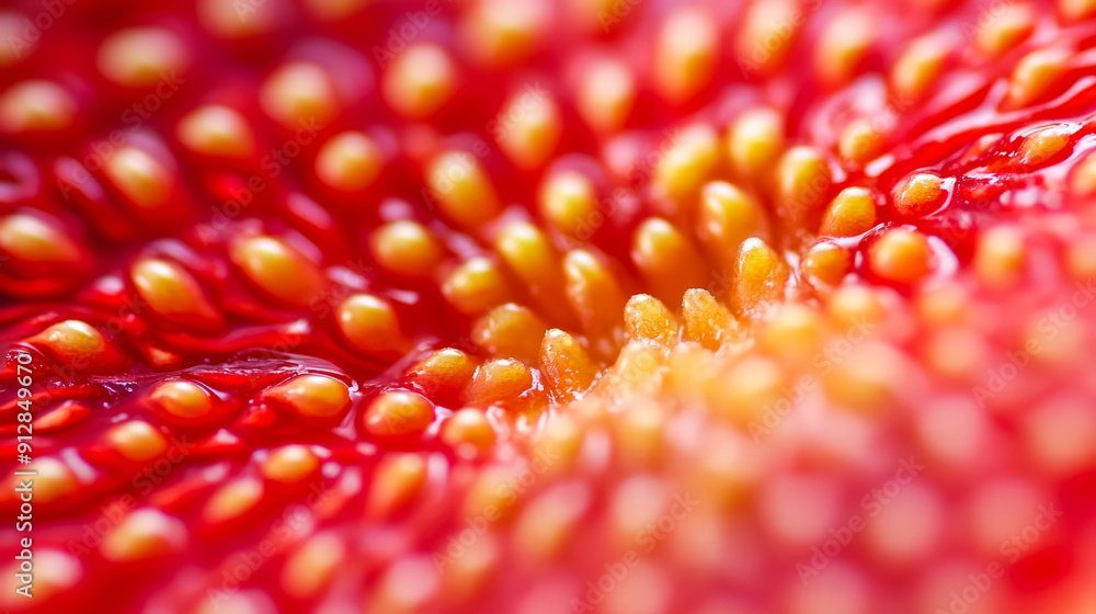 Poster macro background of the inside of a ripe fig displaying vibrant red and yellow seeds with intricate 