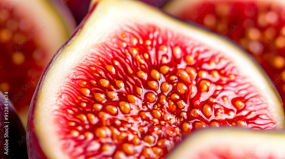 Poster macro background of the inside of a ripe fig displaying vibrant red and yellow seeds with intricate 