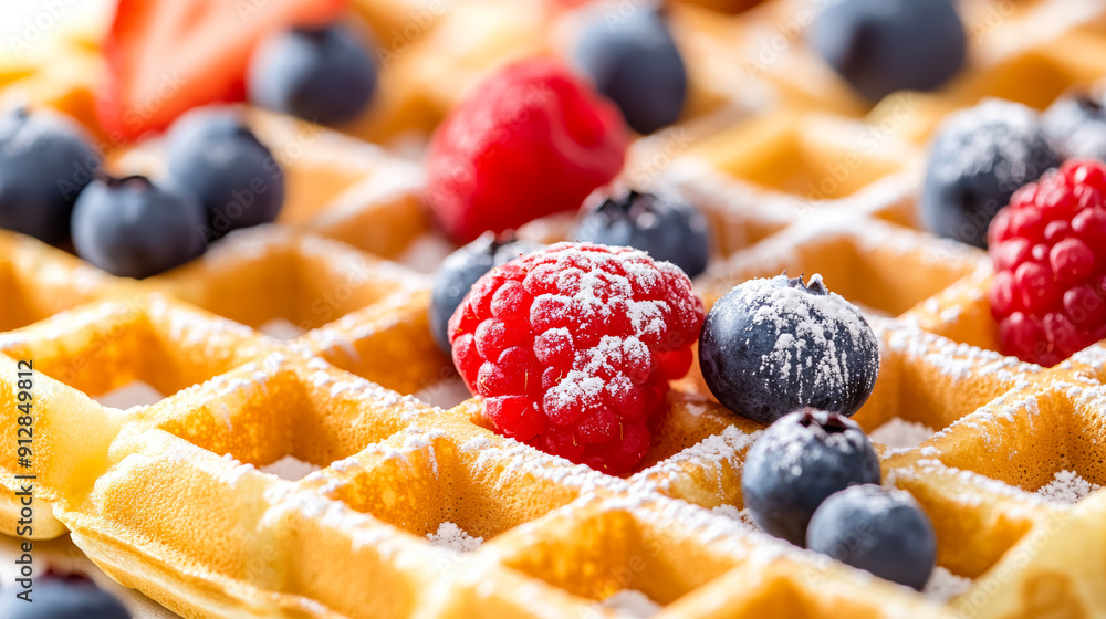 Poster macro shot of the texture of belgian waffles highlighting the golden crispy squares with powdered su