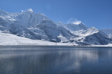 Kicho Tal, the Ice Lake and surrounding glaciers and mountains as seen while hiking the Annapurna...