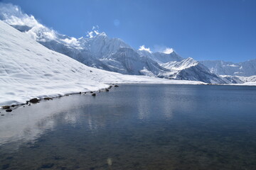 Kicho Tal, the Ice Lake and surrounding glaciers and mountains as seen while hiking the Annapurna Circuit Trek in Nepal, Himalaya