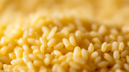 Macro shot of the texture of Italian risotto highlighting the creamy rice grains with flecks of saffron and parmesan cheese 