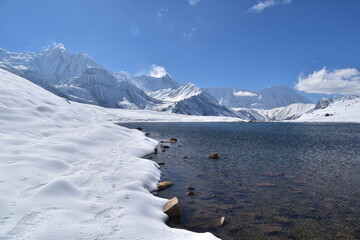 Kicho Tal, the Ice Lake and surrounding glaciers and mountains as seen while hiking the Annapurna...