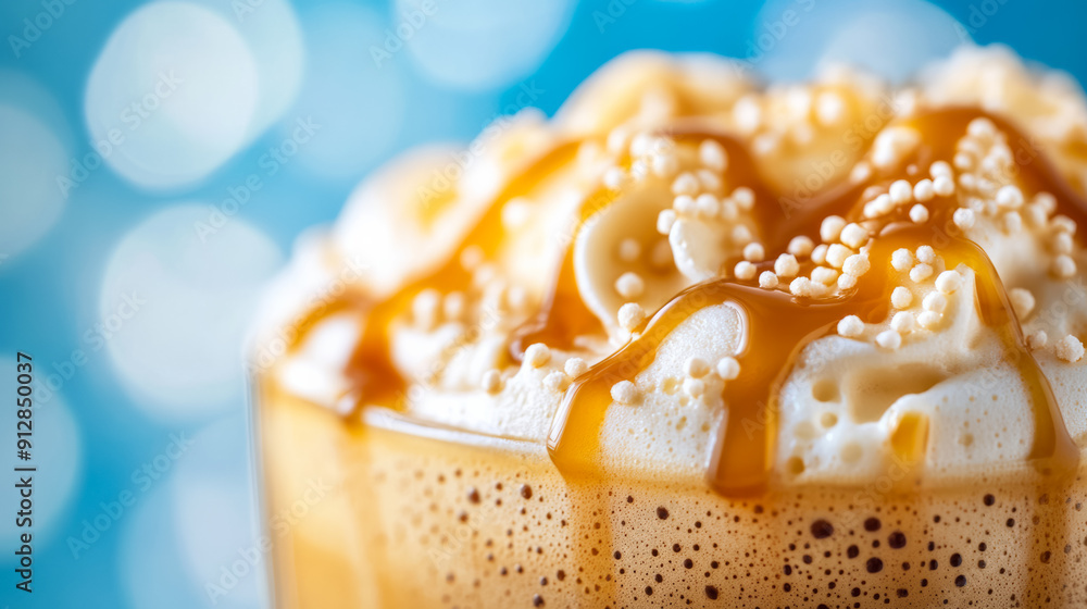Aufkleber macro shot of the texture of a butterscotch latte showcasing the creamy frothy top with a drizzle of