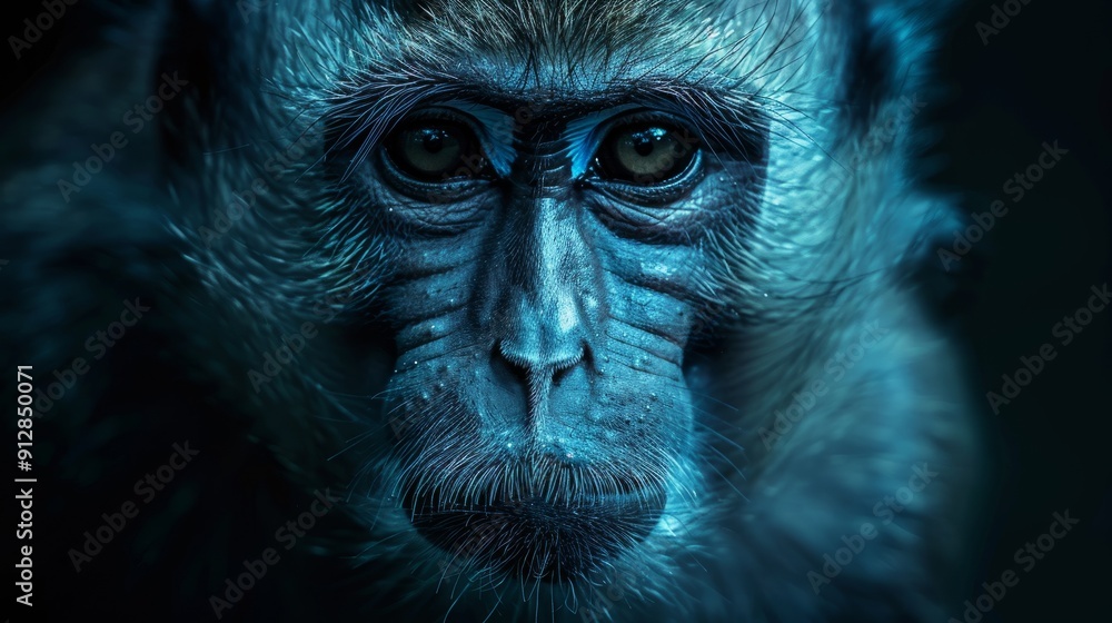 Poster close-up of a monkey's face with intense expression in a dark environment