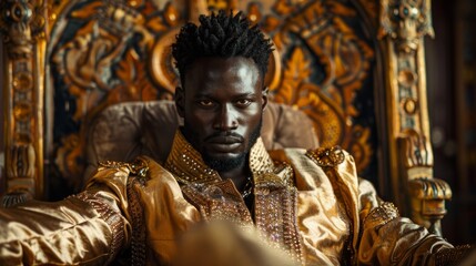 Obraz premium Regal figure wearing golden attire in ornate throne room setting