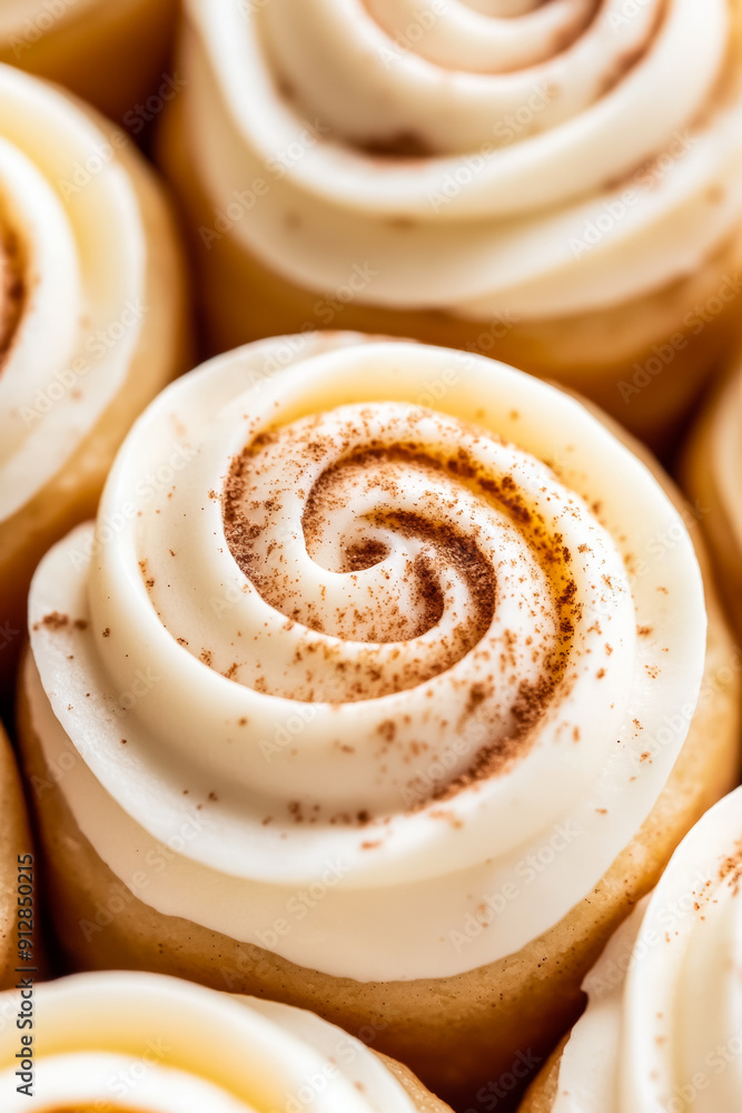 Poster macro shot of the texture of a cinnamon roll showcasing the gooey spiced layers with a rich cream ch