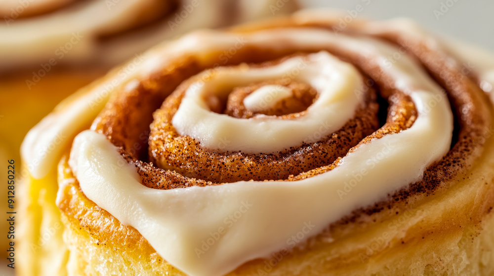 Poster macro shot of the texture of a cinnamon roll showcasing the gooey spiced layers with a rich cream ch