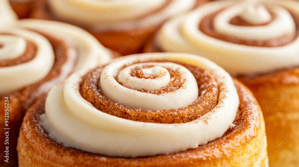 Poster macro shot of the texture of a cinnamon roll showcasing the gooey spiced layers with a rich cream ch