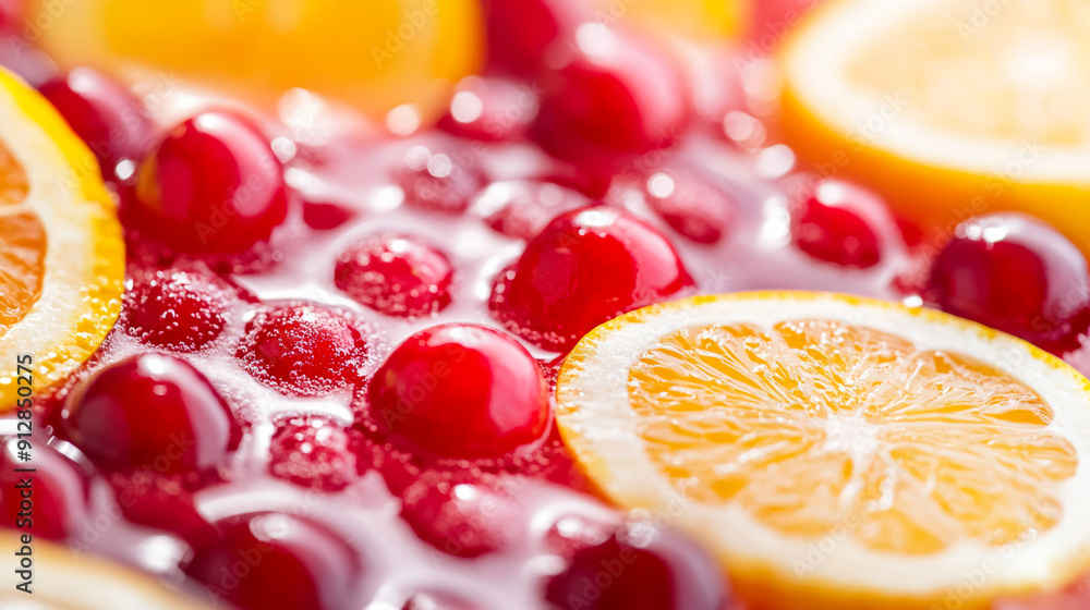 Poster macro shot of the texture of a cranberry punch highlighting the vibrant red liquid with floating cra