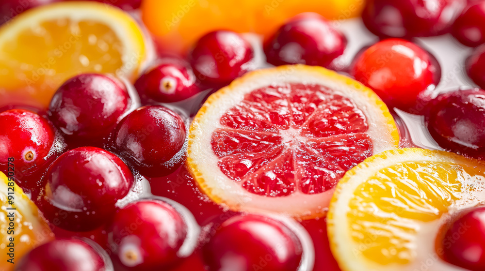 Poster macro shot of the texture of a cranberry punch highlighting the vibrant red liquid with floating cra