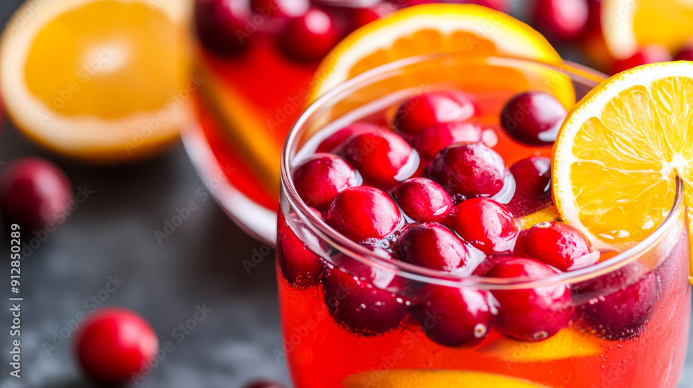 Poster macro shot of the texture of a cranberry punch highlighting the vibrant red liquid with floating cra