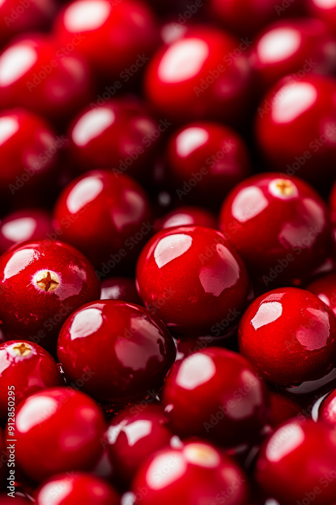 Poster macro shot of the texture of a cranberrys skin highlighting the bright red surface with subtle dimpl