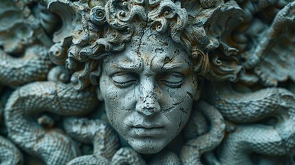 Fototapeta premium Medusa sculpture with intricate details and serpentine features in dim lighting