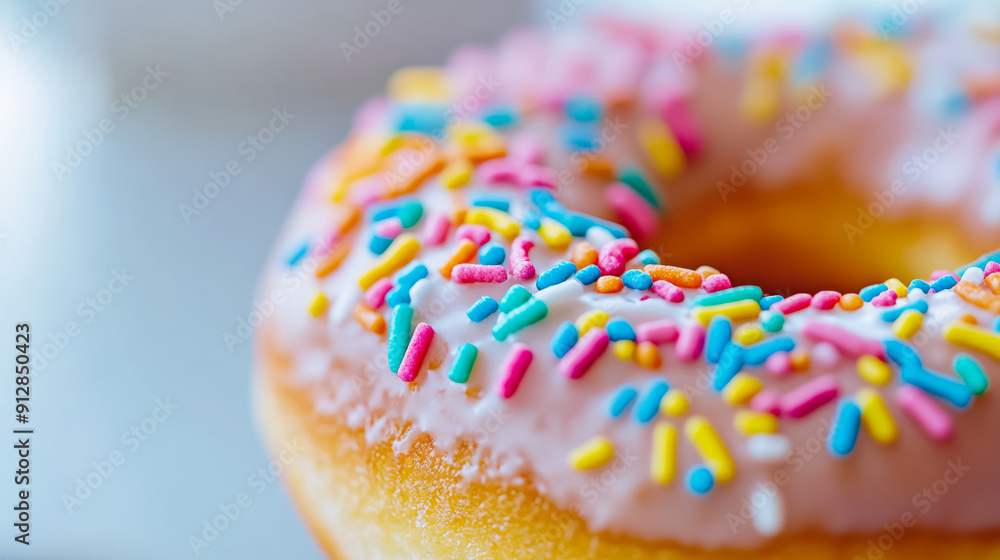 Aufkleber macro shot of the texture of a donut highlighting the glossy glaze with colorful sprinkles on a soft