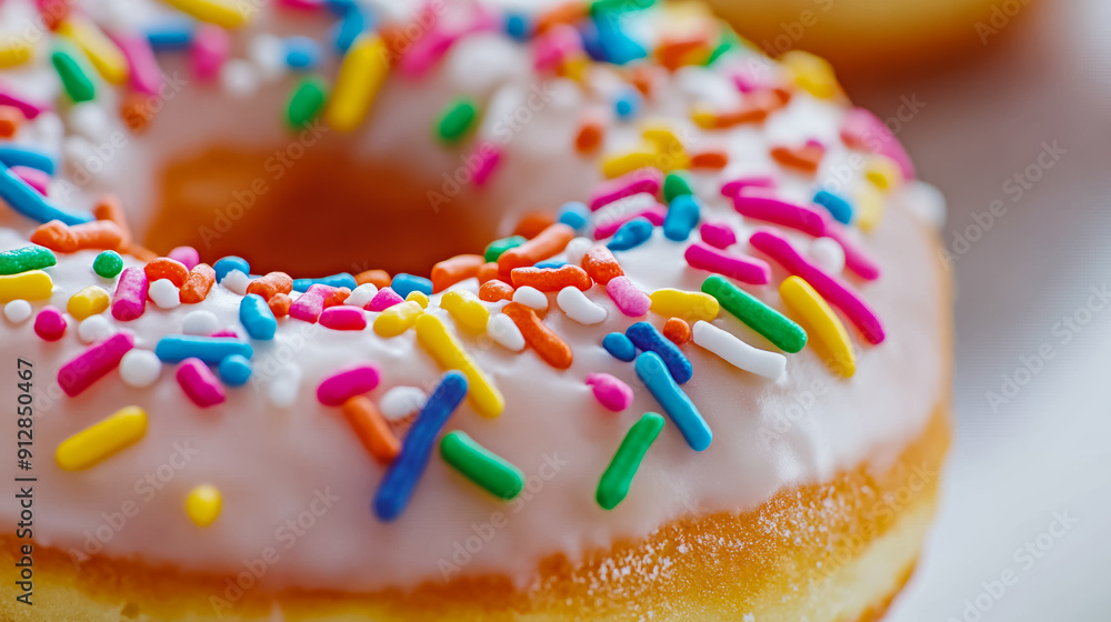 Poster macro shot of the texture of a donut highlighting the glossy glaze with colorful sprinkles on a soft