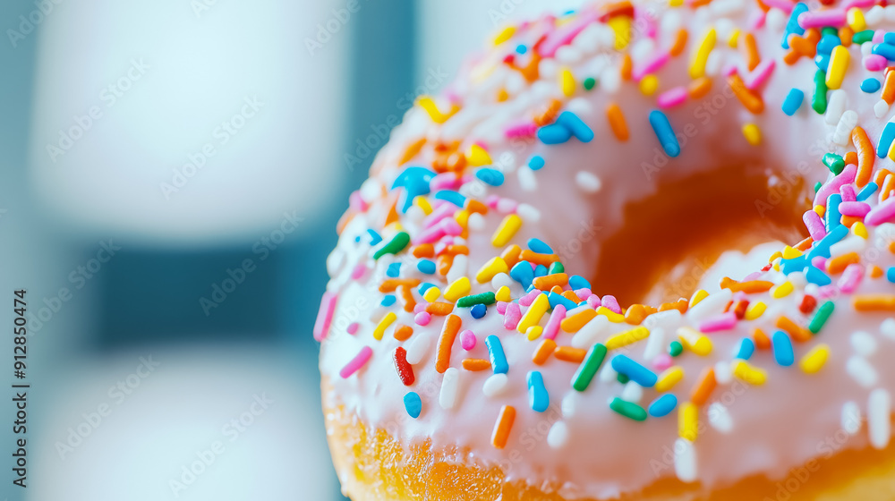 Aufkleber macro shot of the texture of a donut highlighting the glossy glaze with colorful sprinkles on a soft
