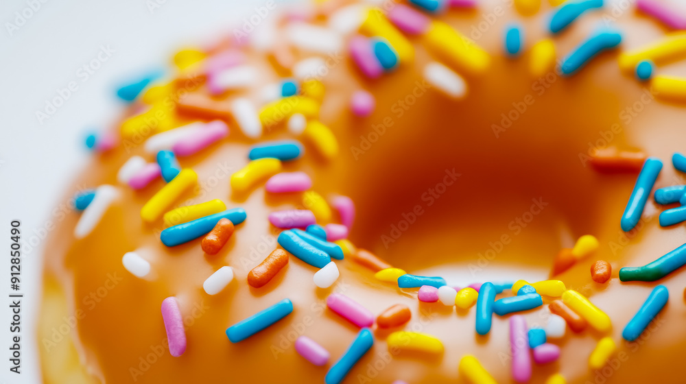 Poster macro shot of the texture of a donut highlighting the glossy glaze with colorful sprinkles on a soft