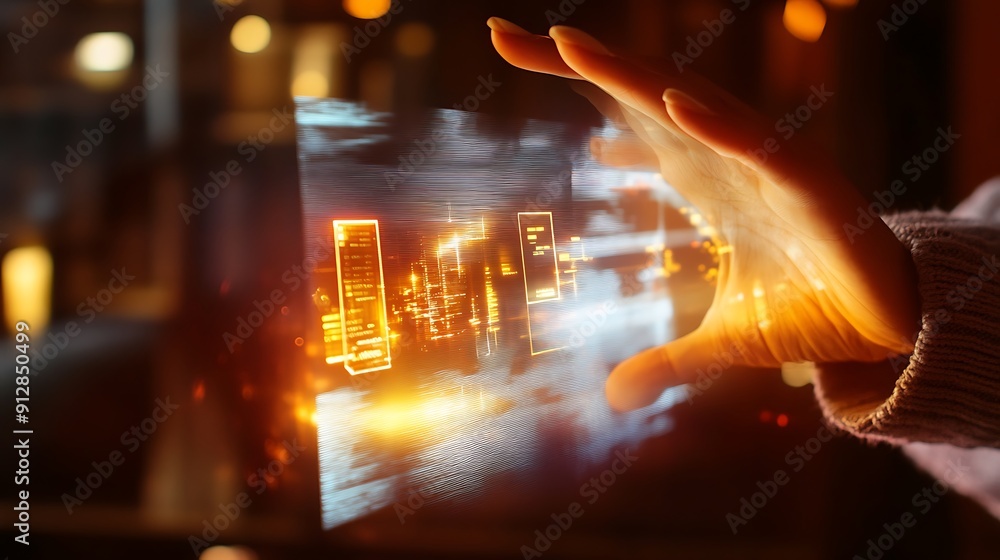 Poster hand interacting with a holographic interface with data visualizations