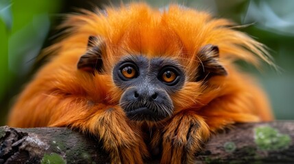 Fototapeta premium Golden lion tamarin relaxing on a branch in a lush tropical forest