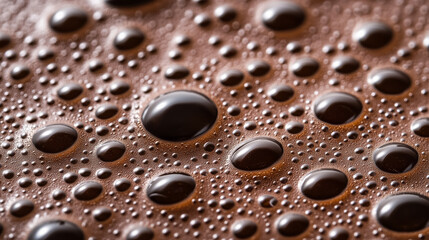 Macro shot of the texture of a cup of hot chocolate highlighting the rich dark liquid with a frothy top and tiny bubbles 