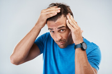 Man, worried portrait and check for hair loss with crisis, hereditary disease and thyroid problem...