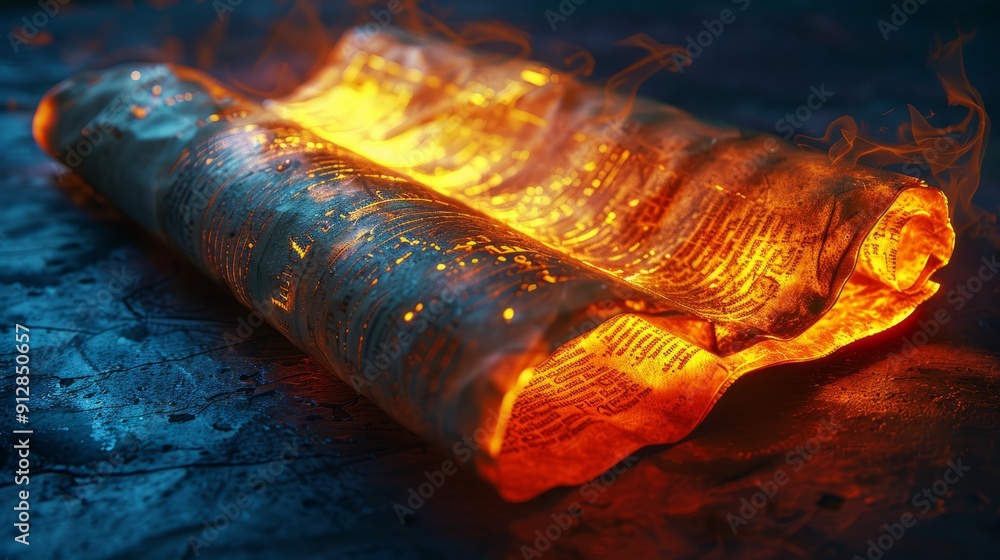 Poster burning ancient scroll with glowing flames in dark environment