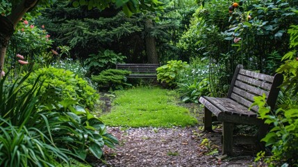 Fototapeta premium Peaceful garden with a small seating area.