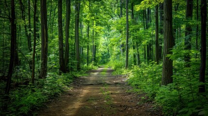 Obraz premium Path through a dense forest leading to a clearing.