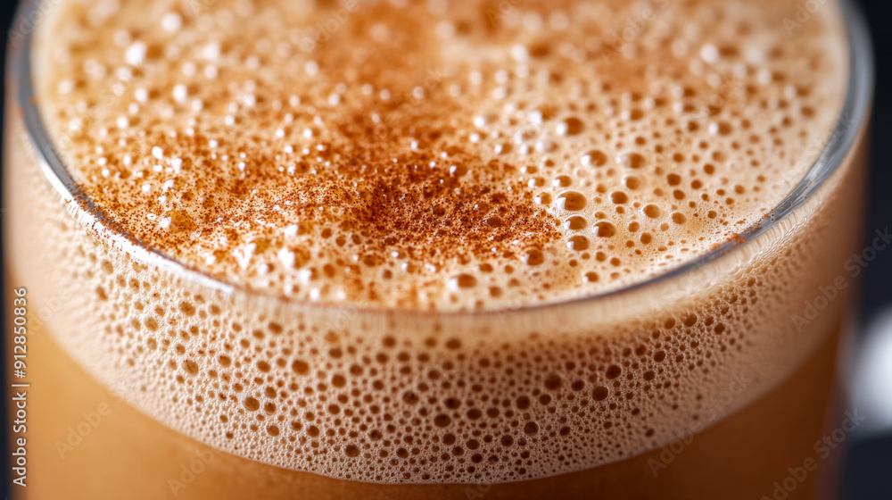 Poster macro shot of the texture of a glass of spiced chai highlighting the creamy frothy surface with a sp