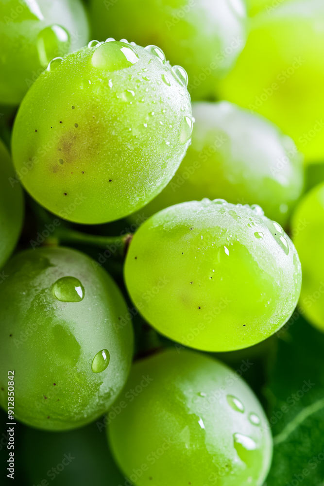 Poster macro shot of the texture of a grapes skin showcasing the translucent green surface with delicate ve