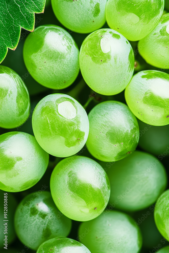 Poster macro shot of the texture of a grapes skin showcasing the translucent green surface with delicate ve