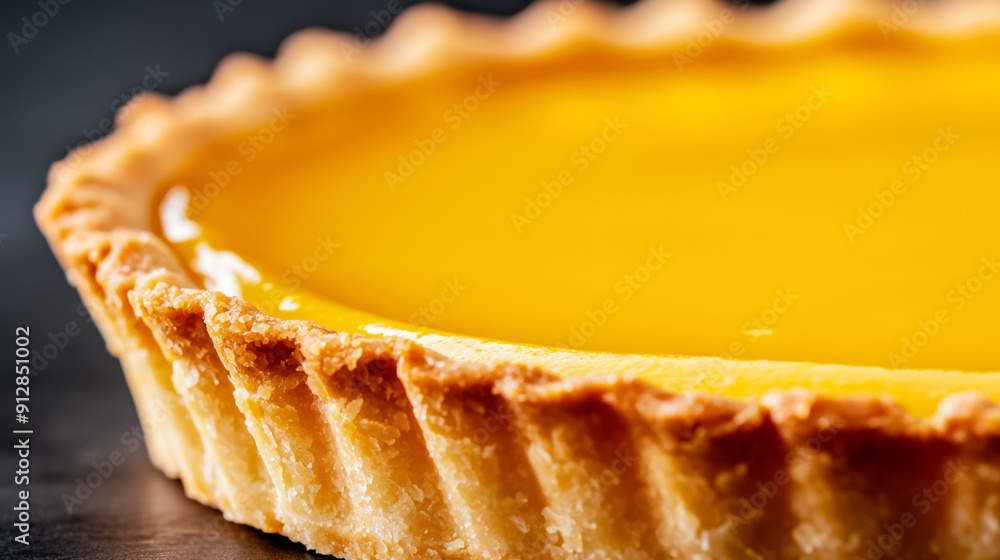 Poster macro shot of the texture of a lemon tart highlighting the glossy lemon curd with a flaky golden cru