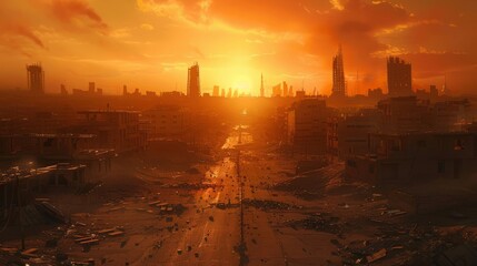Fototapeta premium Sunset over a desolate cityscape after an apocalyptic event