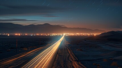 Obraz premium Nighttime highway with light trails near mountains and city in the distance