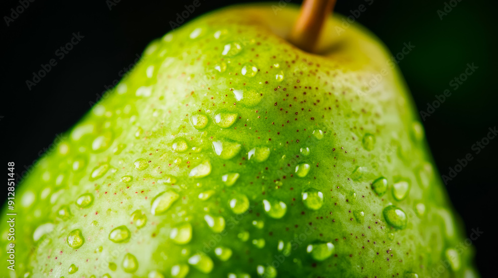 Poster macro shot of the texture of a pears skin highlighting the green surface with russet patches and smo