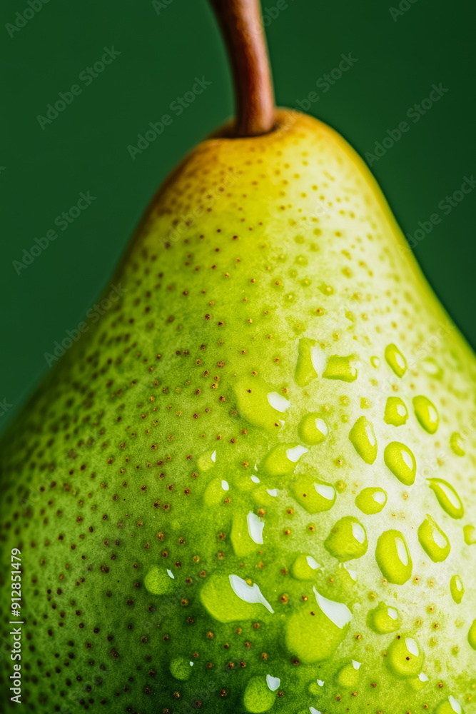 Poster macro shot of the texture of a pears skin highlighting the green surface with russet patches and smo